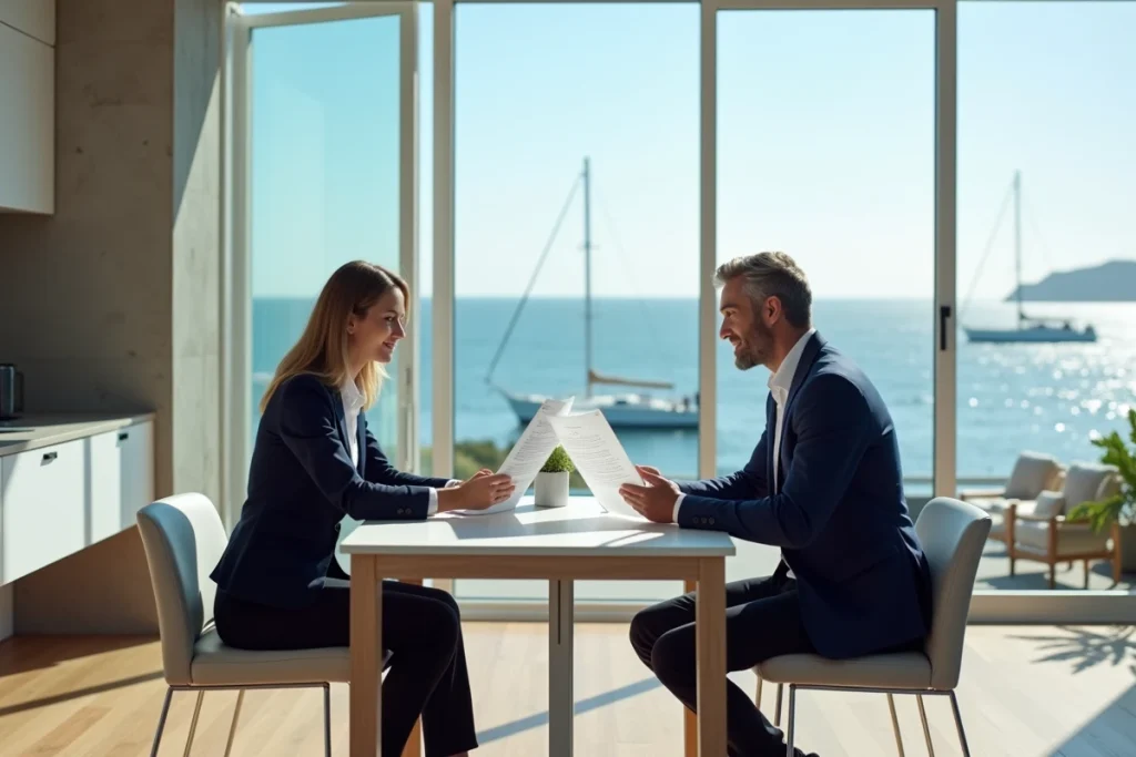 Agent immobilier présentant un bien vue mer à un acheteur dans un appartement moderne en bord de mer