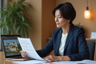Femme agent immobilier comparant une estimation en ligne avec des documents d'expertise immobilière sur un bureau professionnel