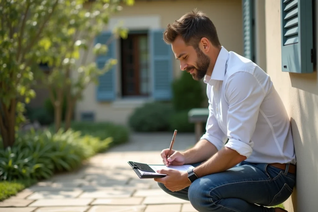 Expert immobilier évaluant une maison sur le terrain tout en consultant un outil d'estimation en ligne sur smartphone
