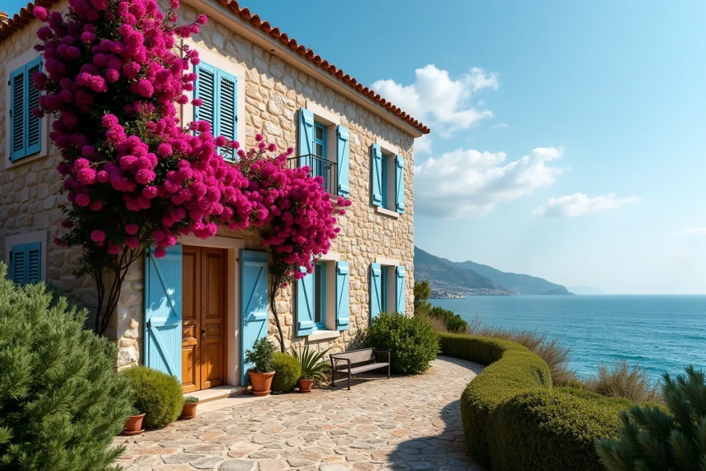 Façade d'une maison en bord de mer avec volets bleus et bougainvilliers, investissement immobilier vue mer
