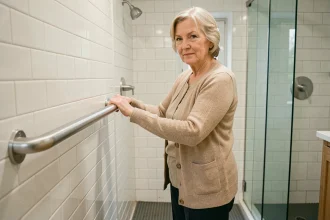 Femme âgée utilisant une barre d'appui en inox installée dans une salle de bain rénovée aux normes d'accessibilité PMR