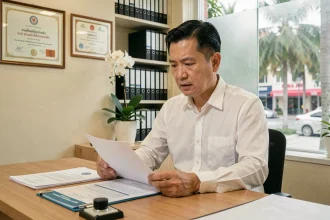 Agent immobilier thaïlandais examinant des documents officiels pour une vente de maison en Thaïlande