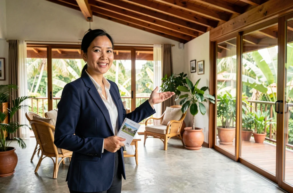 Agent immobilier thaïlandaise présentant une maison à vendre à Chiang Mai avec intérieur design
