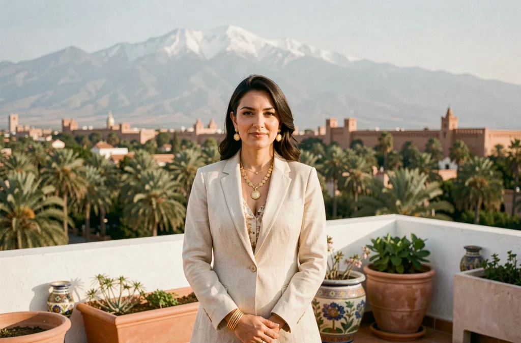 Agente immobilière marocaine sur la terrasse d'une villa de luxe à vendre dans la Palmeraie de Marrakech avec vue sur l'Atlas et les palmeraies