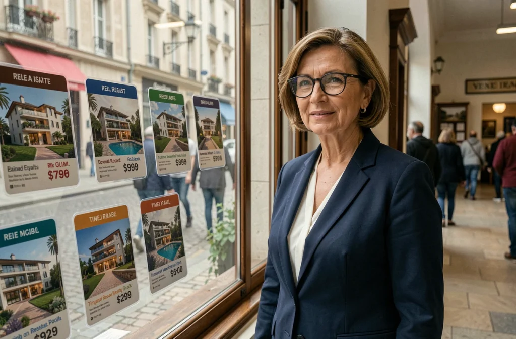 Agente immobilière professionnelle présentant des annonces de revente de multipropriété dans une agence en centre-ville français