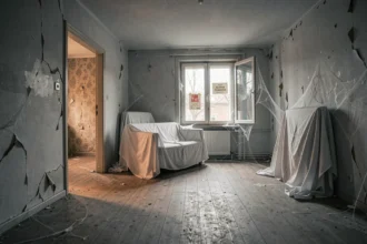 Appartement vacant abandonné avec sol en bois poussiéreux et meubles recouverts de draps blancs, illustrant la taxe sur les logements vacants 2026
