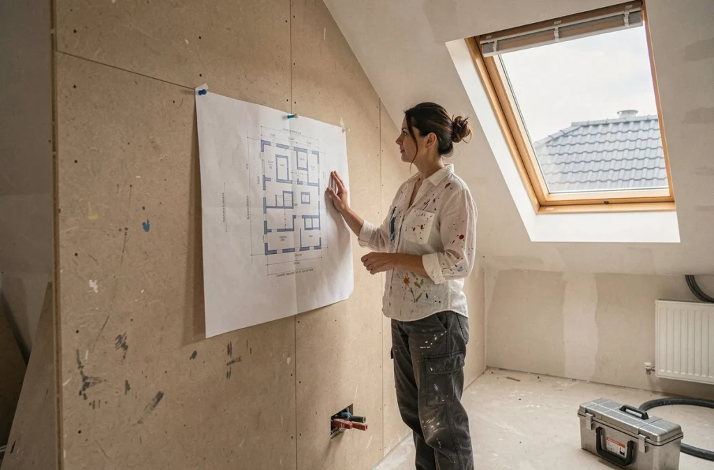 Architecte féminine consultant des plans d'aménagement dans un grenier nouvellement cloisonné avec fenêtre de toit Velux