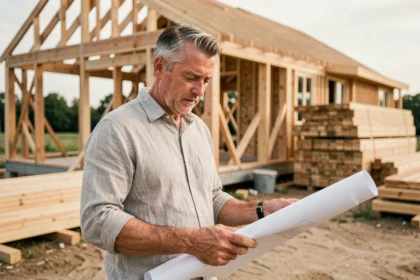 Architecte examinant les plans d'une maison à ossature bois en construction