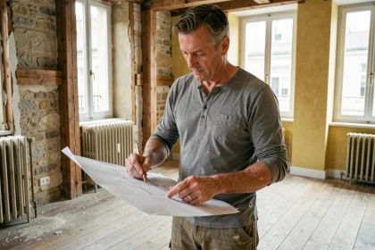 Architecte examinant des plans de rénovation dans un appartement ancien en travaux éligible au dispositif Denormandie
