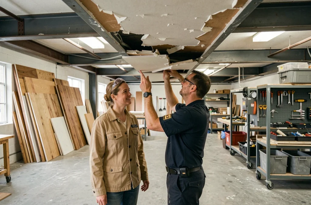 Artisane et huissier réalisant un constat photographique dans un atelier commercial avant rénovation