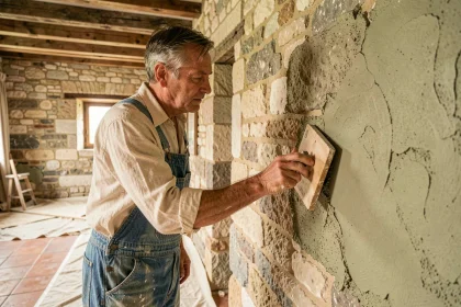 Artisan appliquant un enduit à la chaux sur un mur en pierre d'une maison ancienne en cours de rénovation