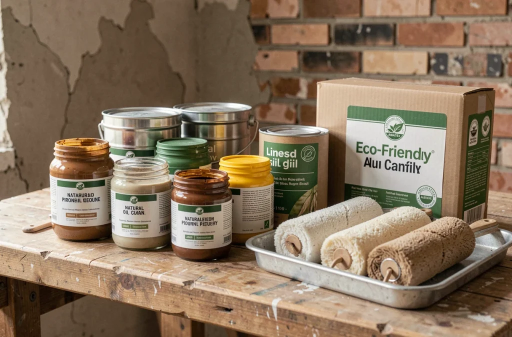Assortiment de peintures écologiques et naturelles avec pigments et huile de lin sur un établi en bois de chantier
