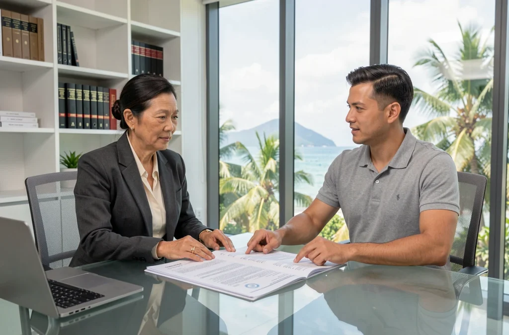 Avocate thaïlandaise et acheteur occidental analysant un titre de propriété Chanote dans un cabinet juridique à Phuket