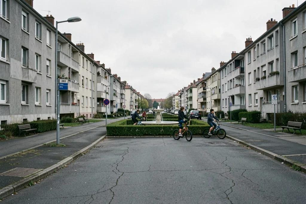 Boulevard résidentiel bruyant de Blois avec immeubles d'après-guerre et activité urbaine constante