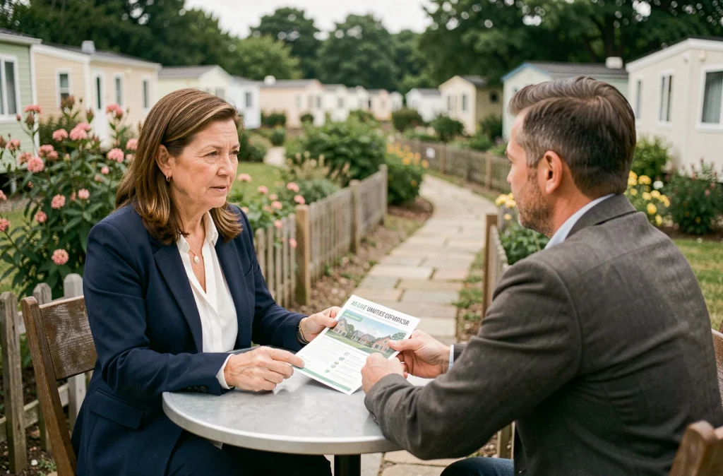 Agent immobilier présentant des offres comparatives de mobil-home occasion à un acheteur dans un camping à l'année