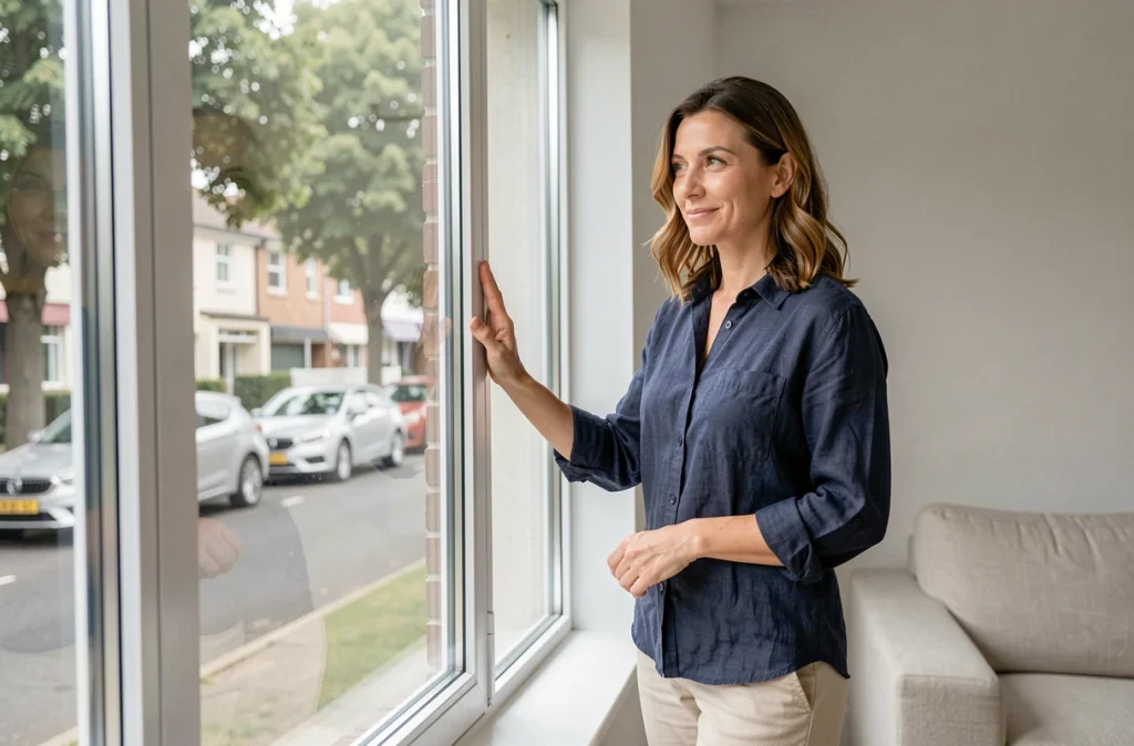 Femme appréciant le confort acoustique offert par une fenêtre triple vitrage dans un salon moderne
