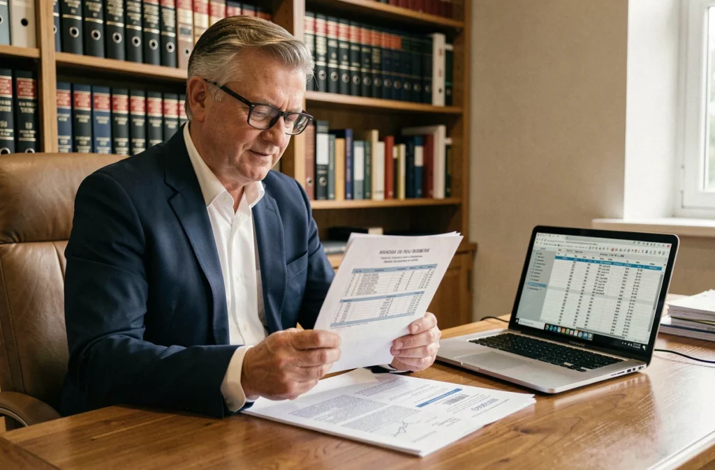 Conseiller immobilier examinant des documents fiscaux relatifs à la taxe sur les logements vacants en 2026 dans un bureau professionnel
