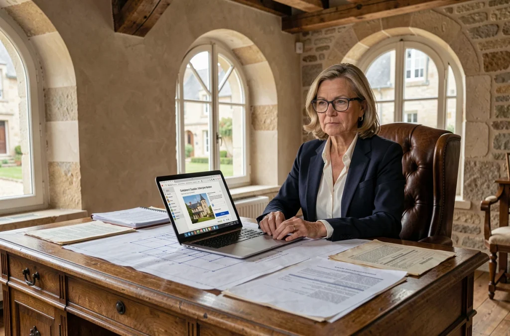 Conseillère fiscale analysant des documents d'investissement dans un monument historique classé