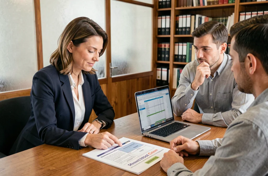Conseillère immobilière expliquant les avantages fiscaux du dispositif Denormandie à un couple dans un bureau notarial