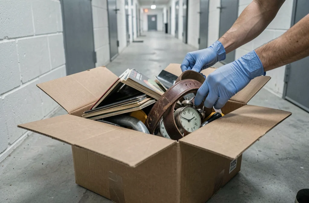 Contenu d'un box abandonné découvert lors d'une vente aux enchères dans un garde-meuble en France