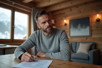 Propriétaire vérifiant un contrat de location saisonnière dans un chalet alpin aux Menuires