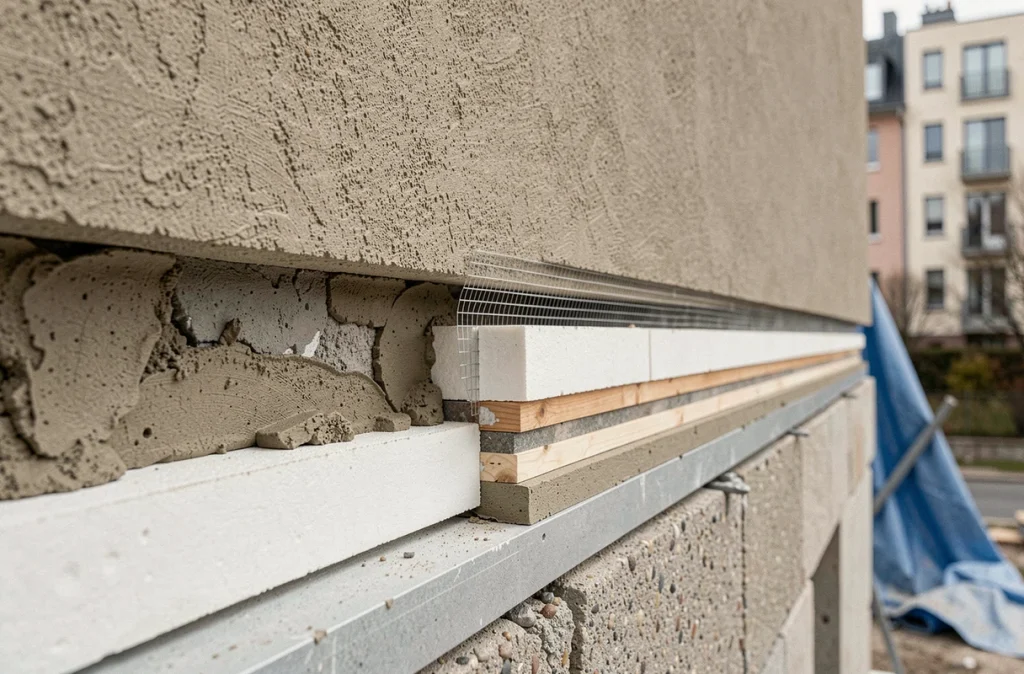 Coupe transversale d'un mur avec isolation thermique par l'extérieur montrant les différentes couches de matériaux