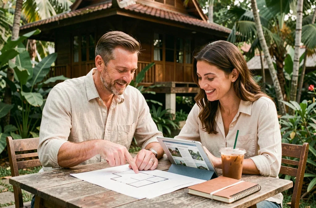 Couple d'expatriés étudiant des documents immobiliers pour acheter une maison en Thaïlande