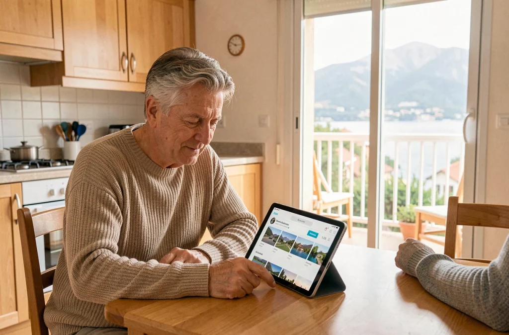 Couple de propriétaires consultant une plateforme de revente entre particuliers pour leur appartement en multipropriété Pierre et Vacances