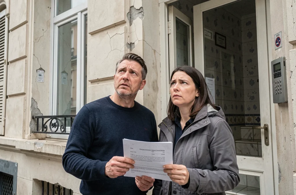 Couple hésitant devant un immeuble locatif à Nantes avant de signer un bail, façade abîmée visible
