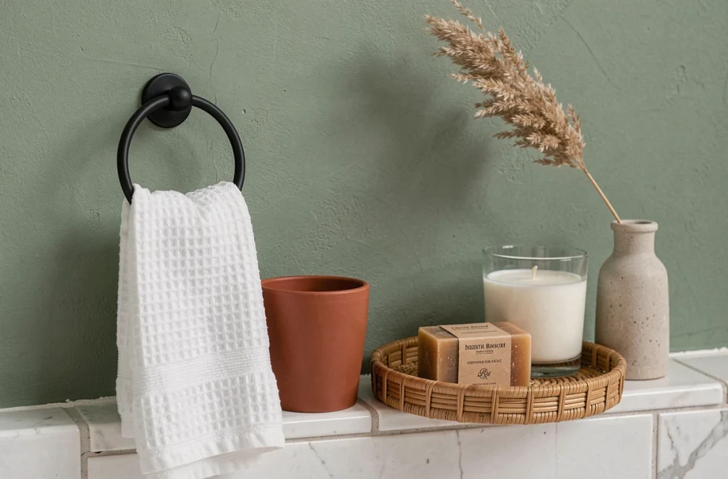 Étagère de salle de bain décorée avec accessoires abordables en céramique terracotta, vase en grès et serviette gauffrée pour une modernisation sans travaux