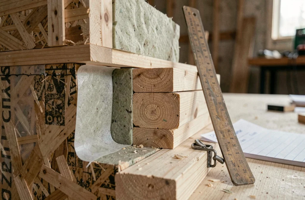 Détail des couches structurelles d'un panneau mural en ossature bois avec estimation de coût