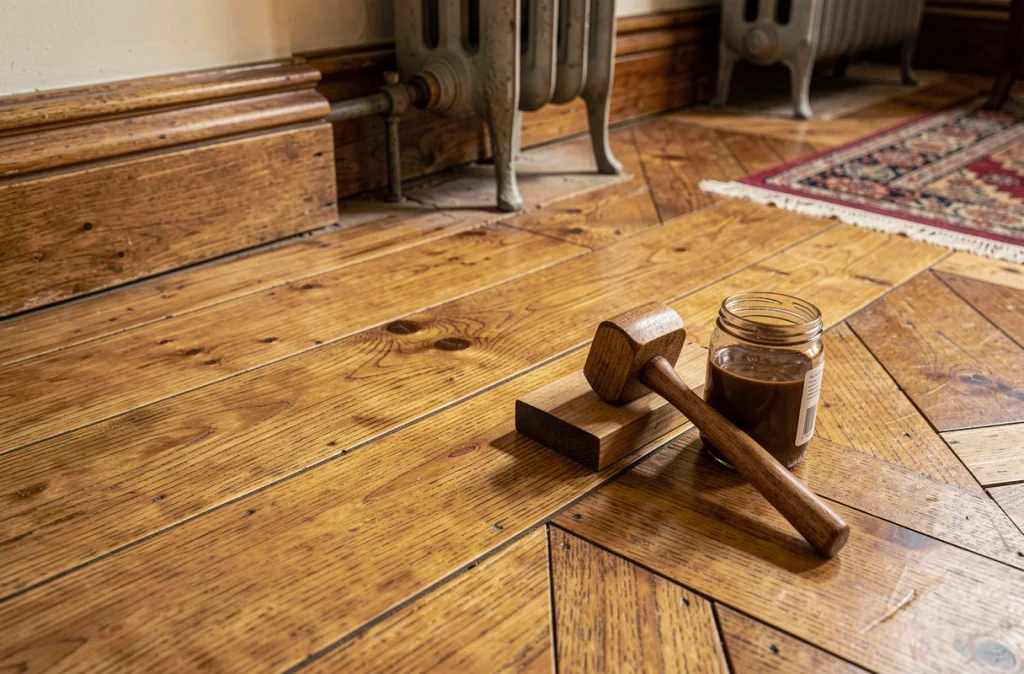Gros plan sur la restauration d'un parquet en chêne avec raccord parfait entre lames anciennes et nouvelles