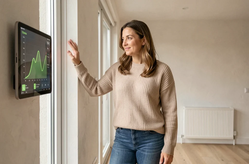 Femme consultant un tableau de bord de consommation énergétique dans une maison bien isolée thermiquement