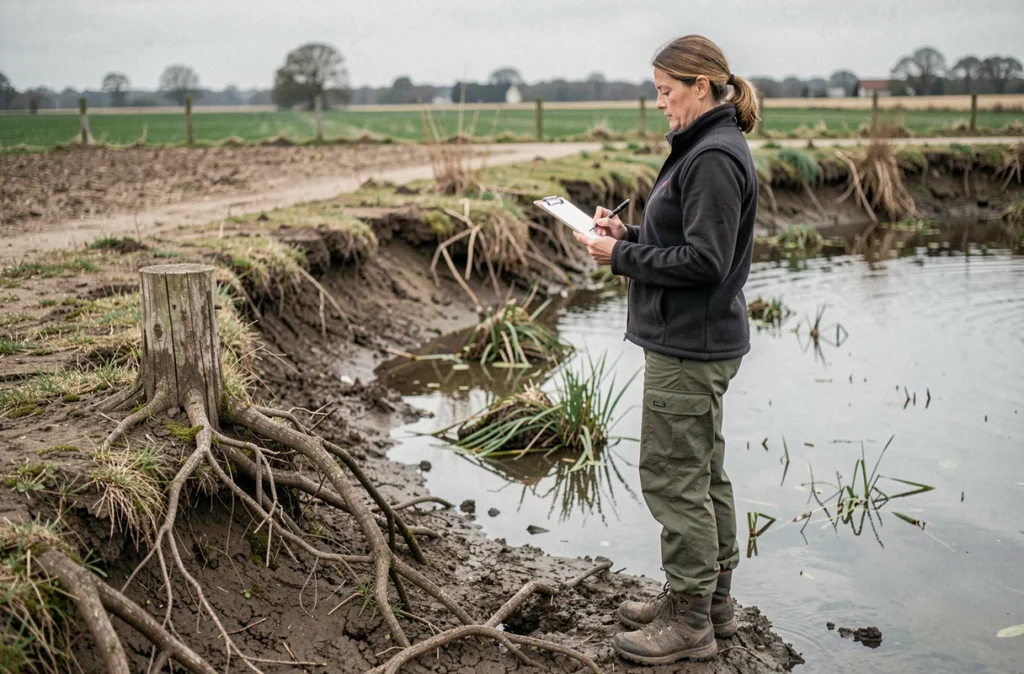 Femme évaluant l'état des berges d'un étang lors d'une visite d'expertise avant acquisition