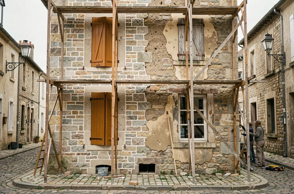Façade en pierre d'une maison ancienne en cours de rénovation avec volets restaurés et échafaudage en village provençal