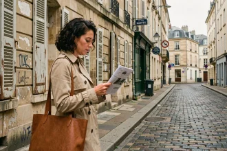 Femme consultant des annonces immobilières dans un quartier populaire de Nantes avec façades vieillissantes