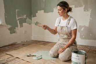Femme appliquant une peinture écologique vert sauge sur un mur en rénovation dans un salon aux sols en bois