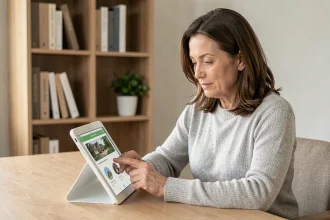 Femme consultant l'espace client MyFoncia sur une tablette pour suivre les travaux de sa copropriété