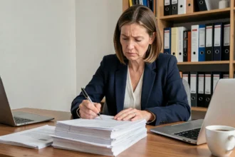 Femme professionnelle annotant des documents immobiliers pour contester un modèle pré état daté incomplet