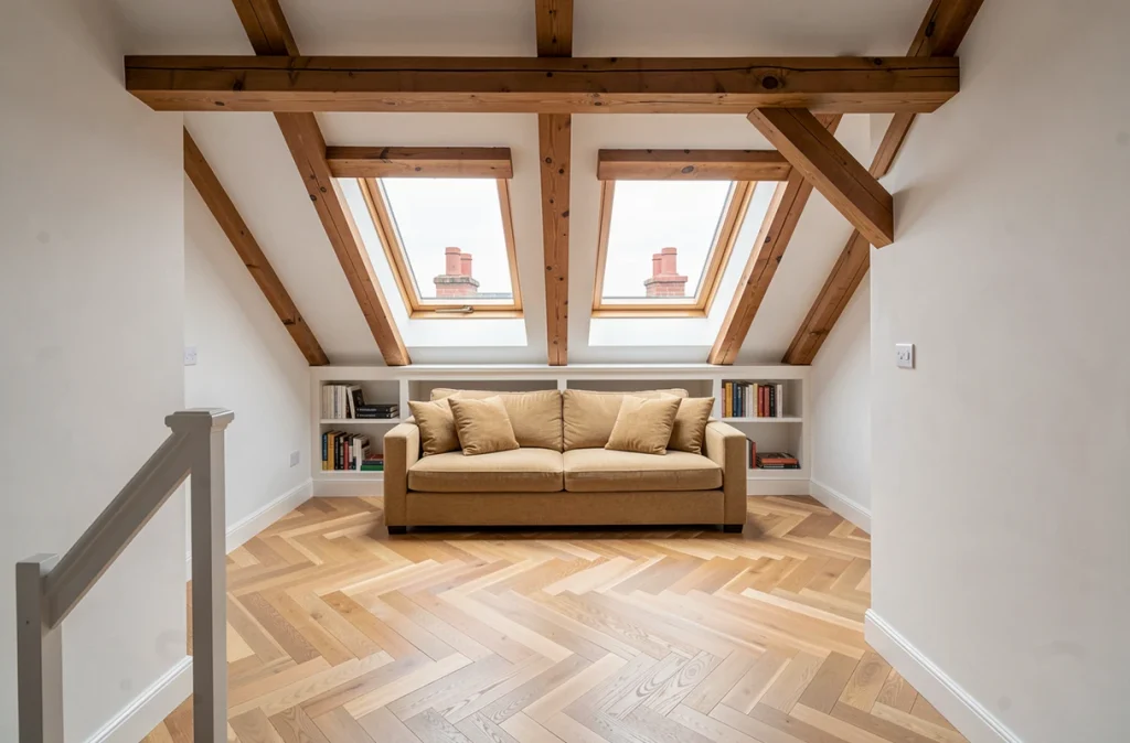 Grenier entièrement transformé en pièce à vivre avec parquet en chevrons, canapé en lin et poutres apparentes sous des fenêtres de toit