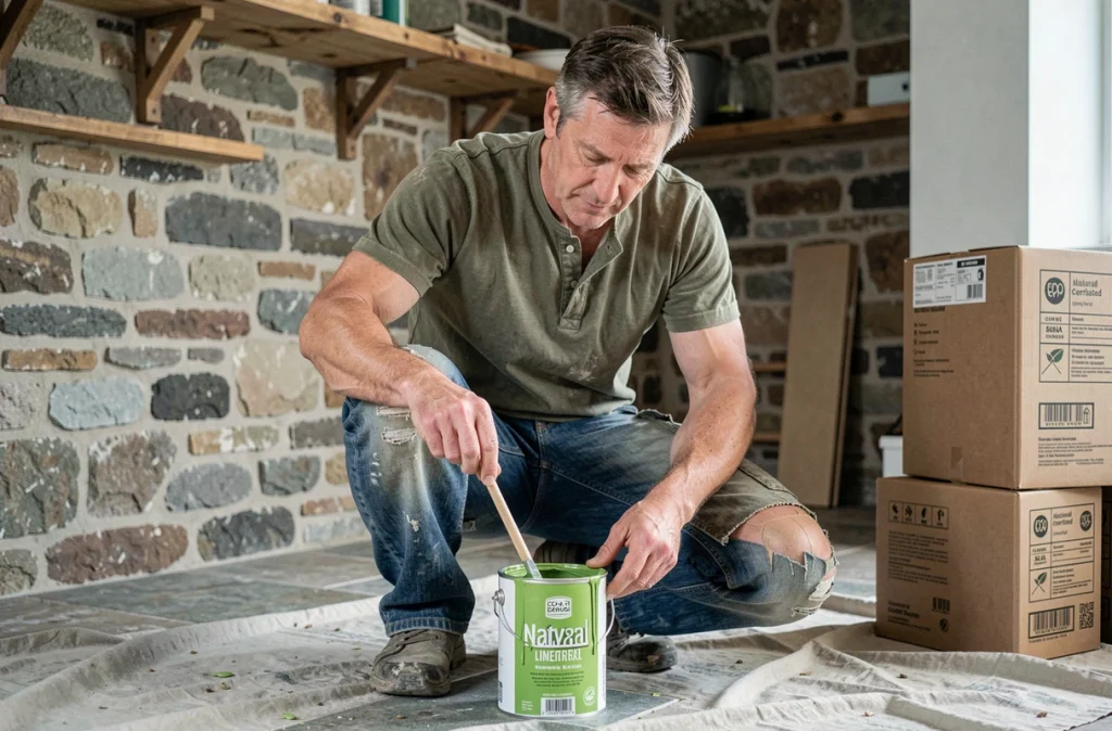 Homme mélangeant une peinture à la chaux écologique dans une cuisine en cours de rénovation avec murs en pierre