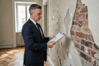 Huissier de justice inspectant l'état d'un mur dégradé avant travaux dans un appartement ancien à Paris