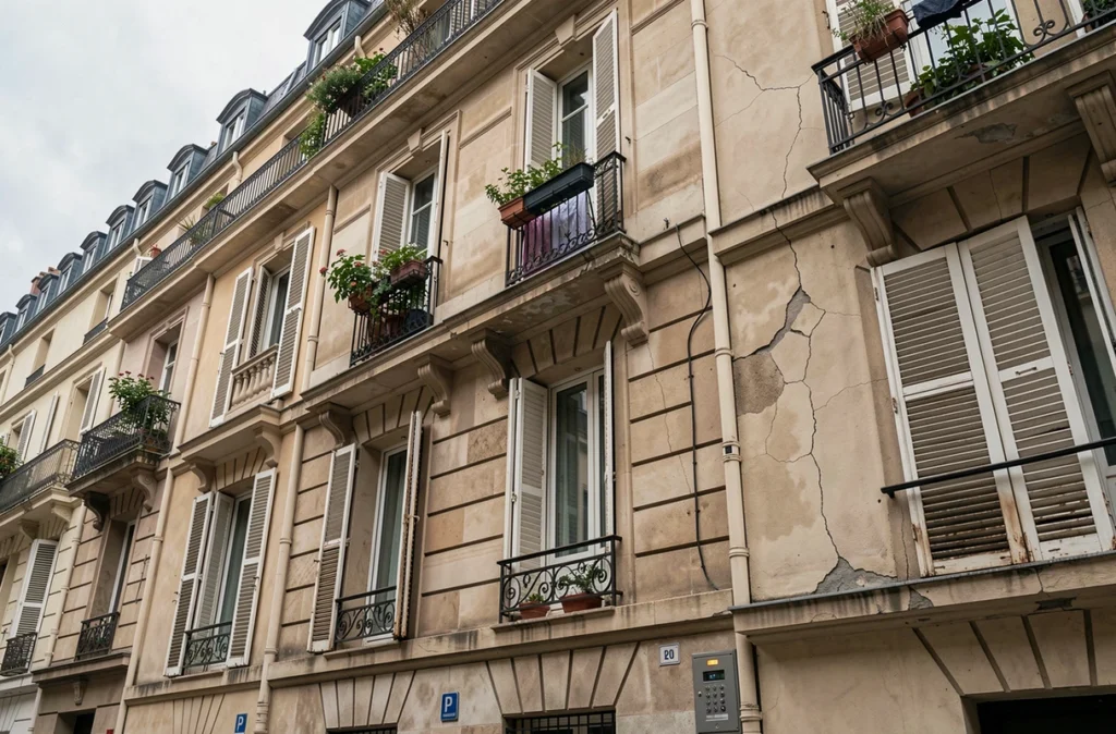 Façades d'immeubles haussmanniens parisiens avec volets fermés symbolisant des logements vacants soumis à la nouvelle taxe 2026