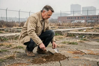 Homme inspectant le sol d'un terrain vague abandonné pour détecter des risques environnementaux avant une donation gratuite