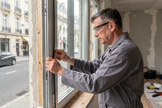 Menuisier installant une fenêtre double vitrage pour améliorer l'isolation acoustique dans un appartement parisien