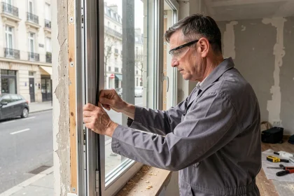 Menuisier installant une fenêtre double vitrage pour améliorer l'isolation acoustique dans un appartement parisien
