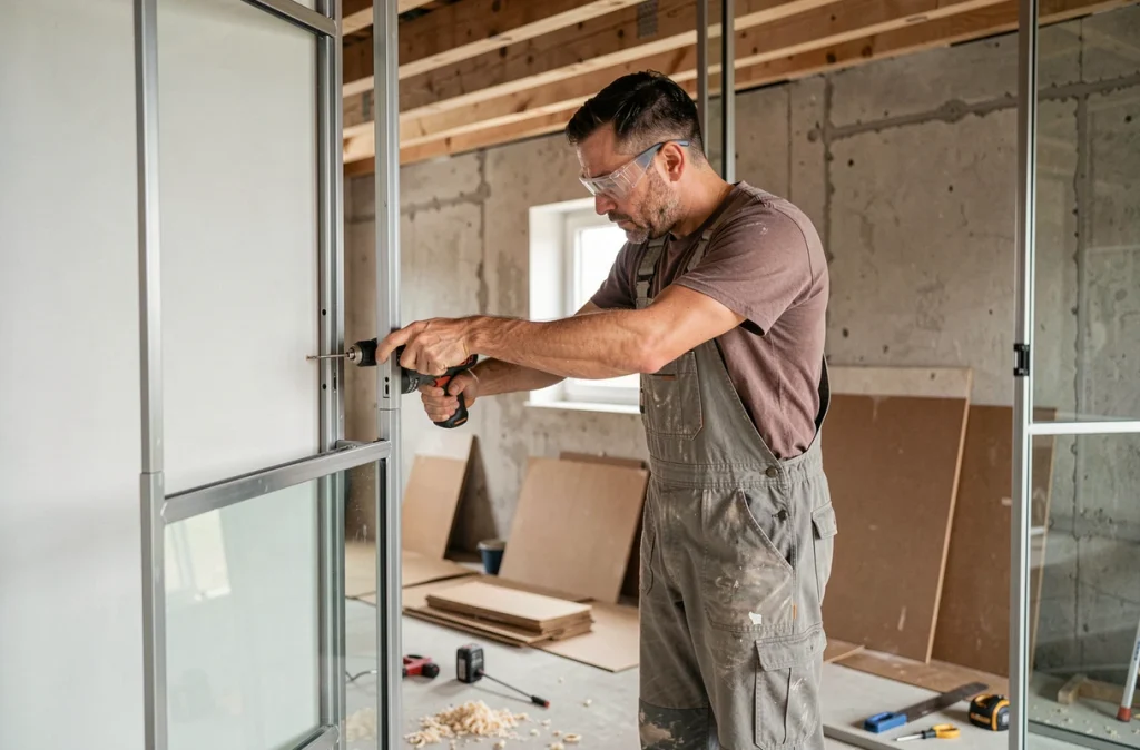 Artisan en train d'installer une verrière intérieure en acier dans une maison en cours de rénovation