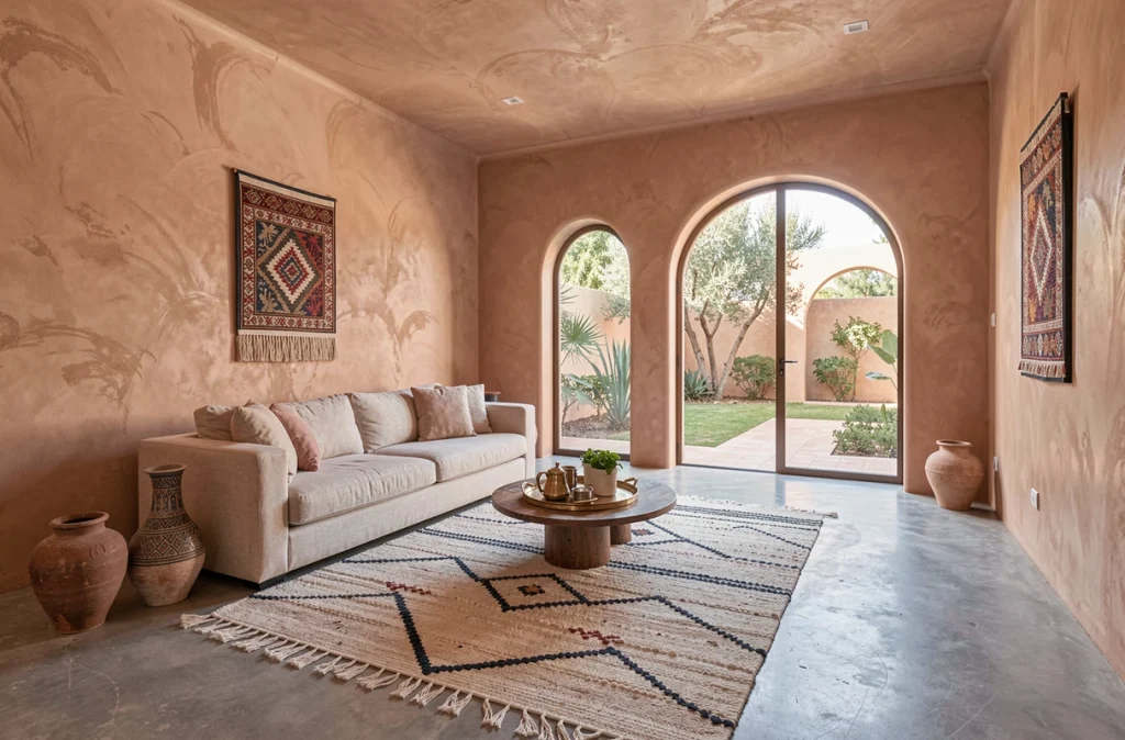 Intérieur contemporain d'une villa marocaine à vendre à Marrakech avec salon en tadelakt, tapis Beni Ourain et décoration artisanale berbère
