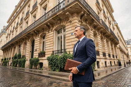 Homme d'affaires devant un monument historique français pour un investissement défiscalisé