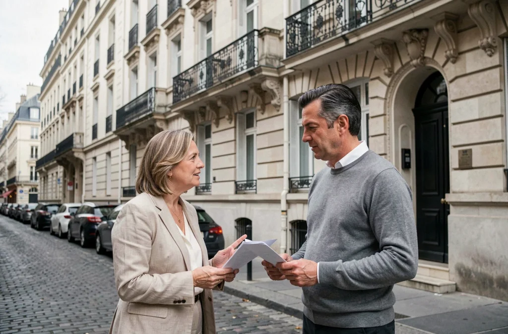 Couple discutant d'un investissement en nue-propriété avec un conseiller immobilier devant un immeuble haussmannien parisien